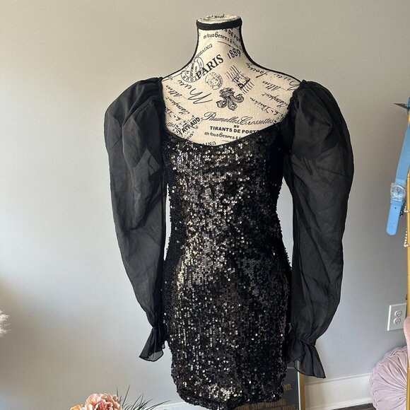 Shein Dresses & Skirts - Shein Black Sequin Mini Dress with Sheer Puff Sleeves – Size M